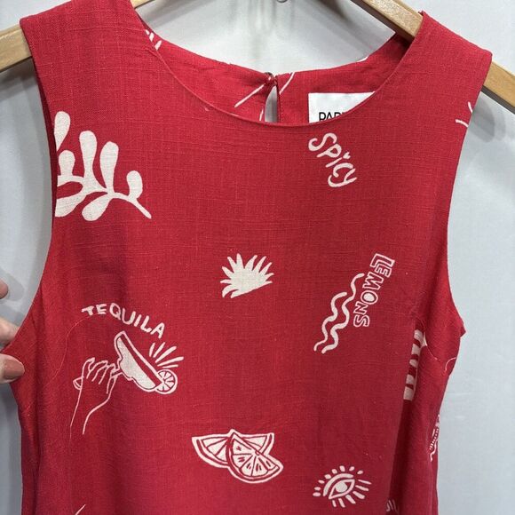 Paper Heart Tequila Mini Spicy Red Linen Blend Dress XS Cocktail Print Pockets - Picture 3 of 12